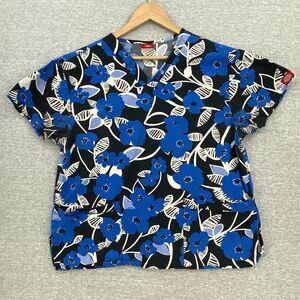 Dickies Scrub Top Womens Medium Black Blue Floral Nursing Medical Short Sleeve
